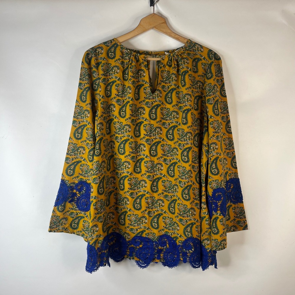 Weekend Suzanne Betro Blouse Womens 1X Yellow Paisley Blue Crochet Lace Trim